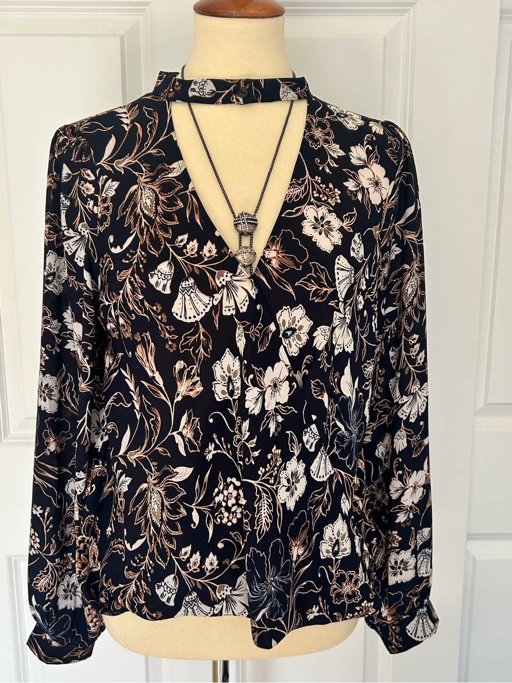 LUSH Navy Floral Choker Neck Long Sleeve Blouse